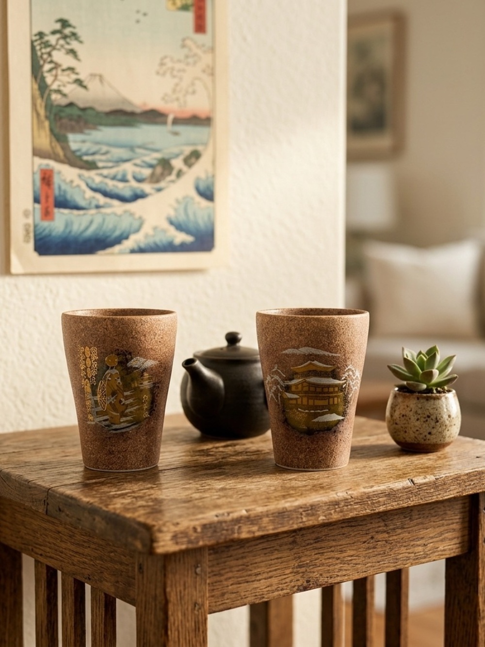 Vintage Japanese Stoneware Tumbler Cups Gold Kinkaku-ji Geisha Set of 2